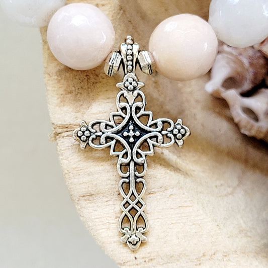 Peach Moonstone Faceted 12mm Beaded Bracelet w/ Silver Filigree Cross - Afterlife Jewelry Designs