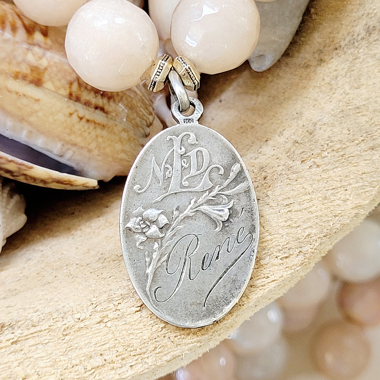 Peach Moonstone Faceted 12mm Beaded Bracelet w/ Sterling Silver Medal of Our Lady of Lourdes - Afterlife Jewelry Designs