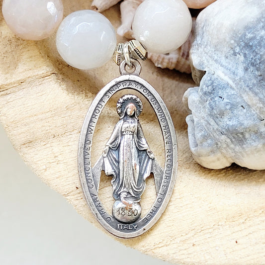 Peach Moonstone Faceted 12mm Beaded Bracelet w/ The Miraculous Medal of Mary - Afterlife Jewelry Designs