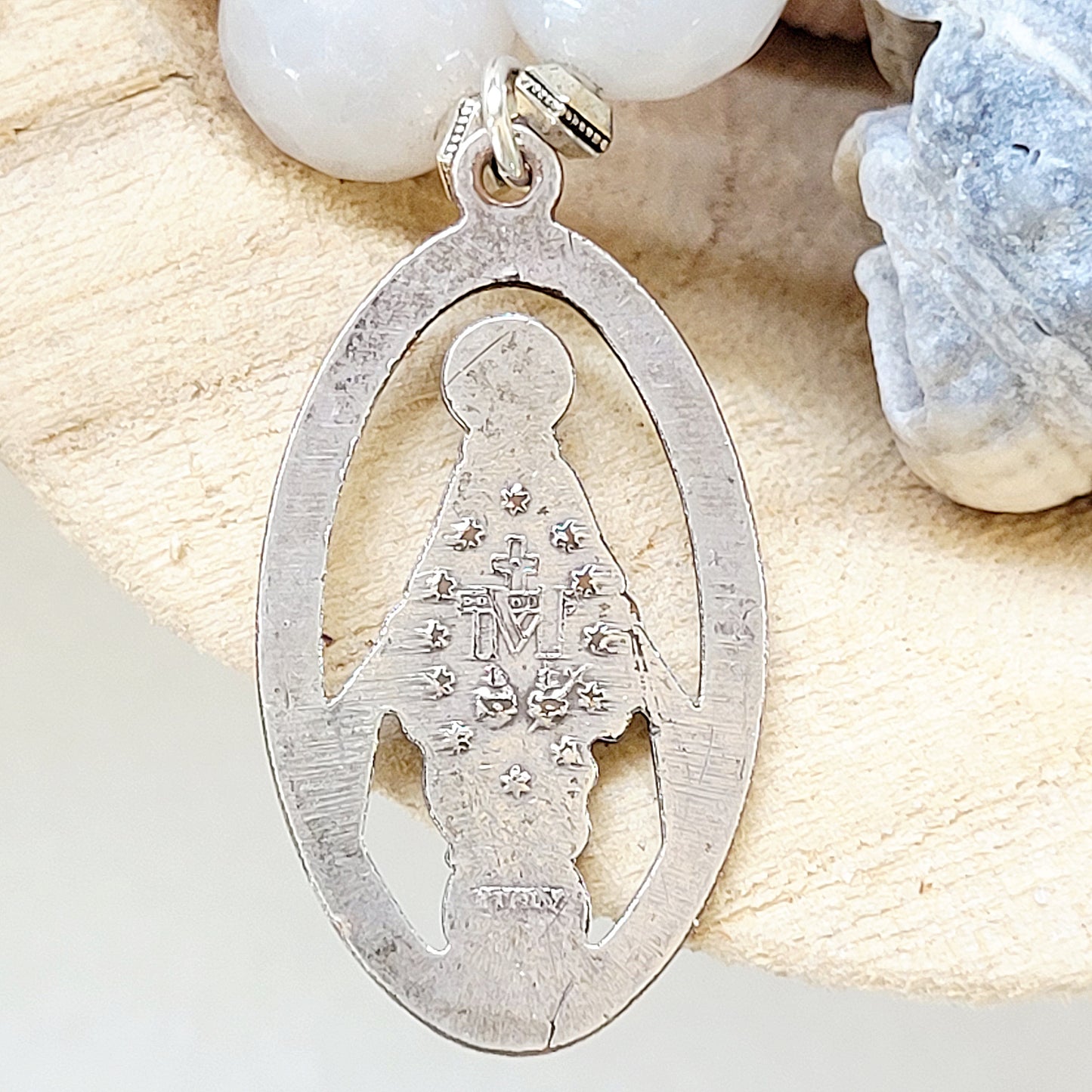 Peach Moonstone Faceted 12mm Beaded Bracelet w/ The Miraculous Medal of Mary - Afterlife Jewelry Designs