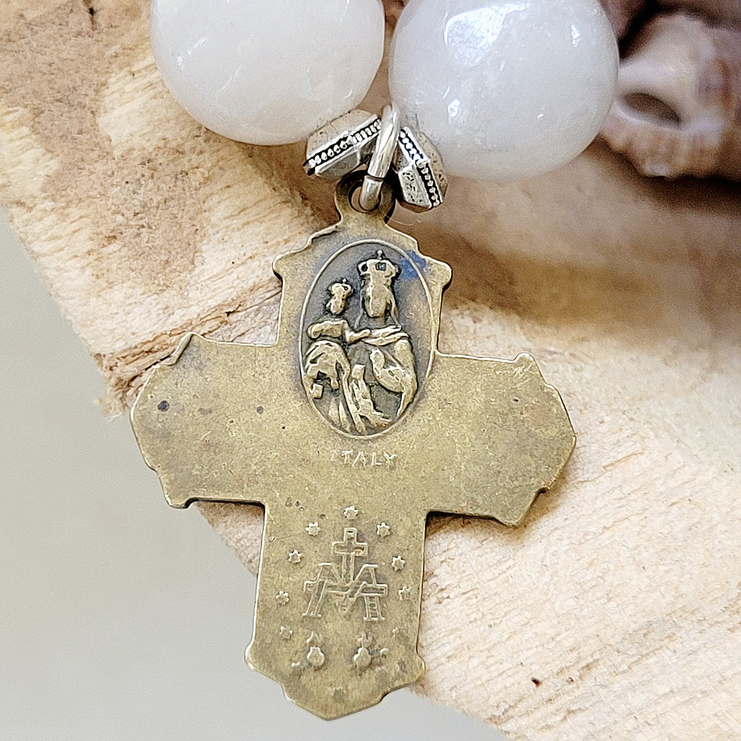 Peach Moonstone Faceted 12mm Beaded Bracelet w/ Bronze Four Way Cross / Our Lady of Mount Carmel - Afterlife Jewelry Designs