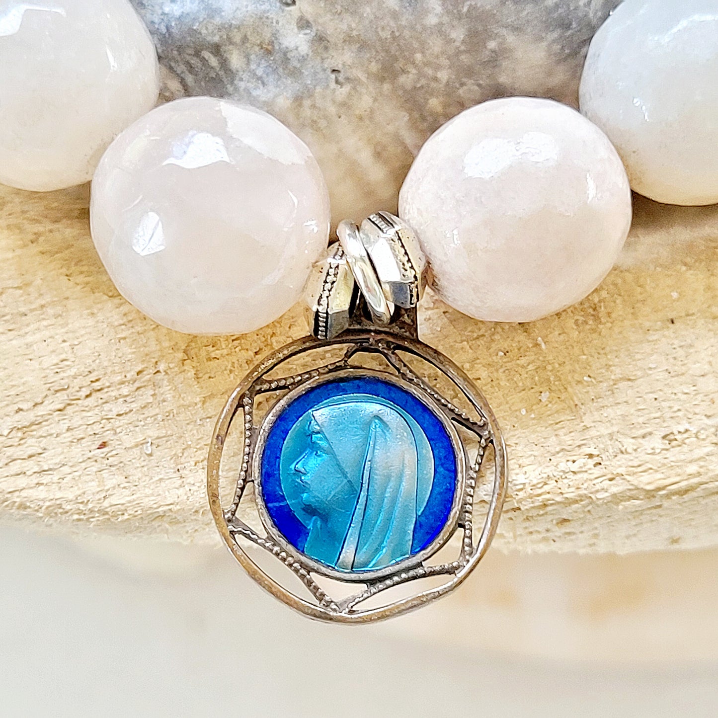 Peach Moonstone Faceted 12mm Beaded Bracelet w/ Enameled Art Deco Medal of Our Lady of Lourdes. - Afterlife Jewelry Designs