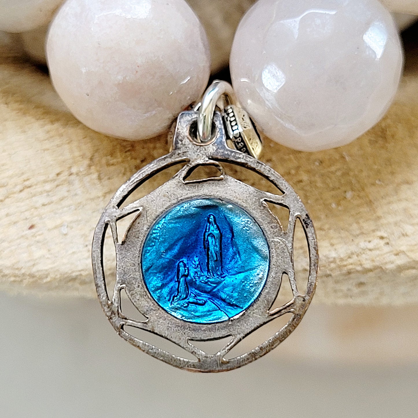 Peach Moonstone Faceted 12mm Beaded Bracelet w/ Enameled Art Deco Medal of Our Lady of Lourdes. - Afterlife Jewelry Designs