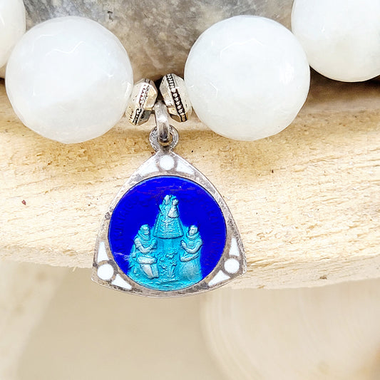 White Moonstone Faceted 12mm Beaded Bracelet w/ Enameled Our Lady of Montaigu 1920's Medal - Afterlife Jewelry Designs