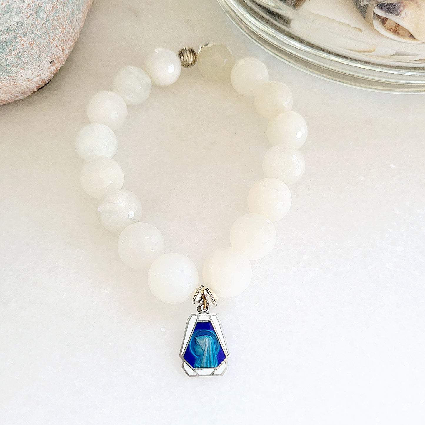 White Moonstone Faceted 12mm Beaded Bracelet w/ Our Lady of Lourdes Enameled Silver Plated Medal - Afterlife Jewelry Designs