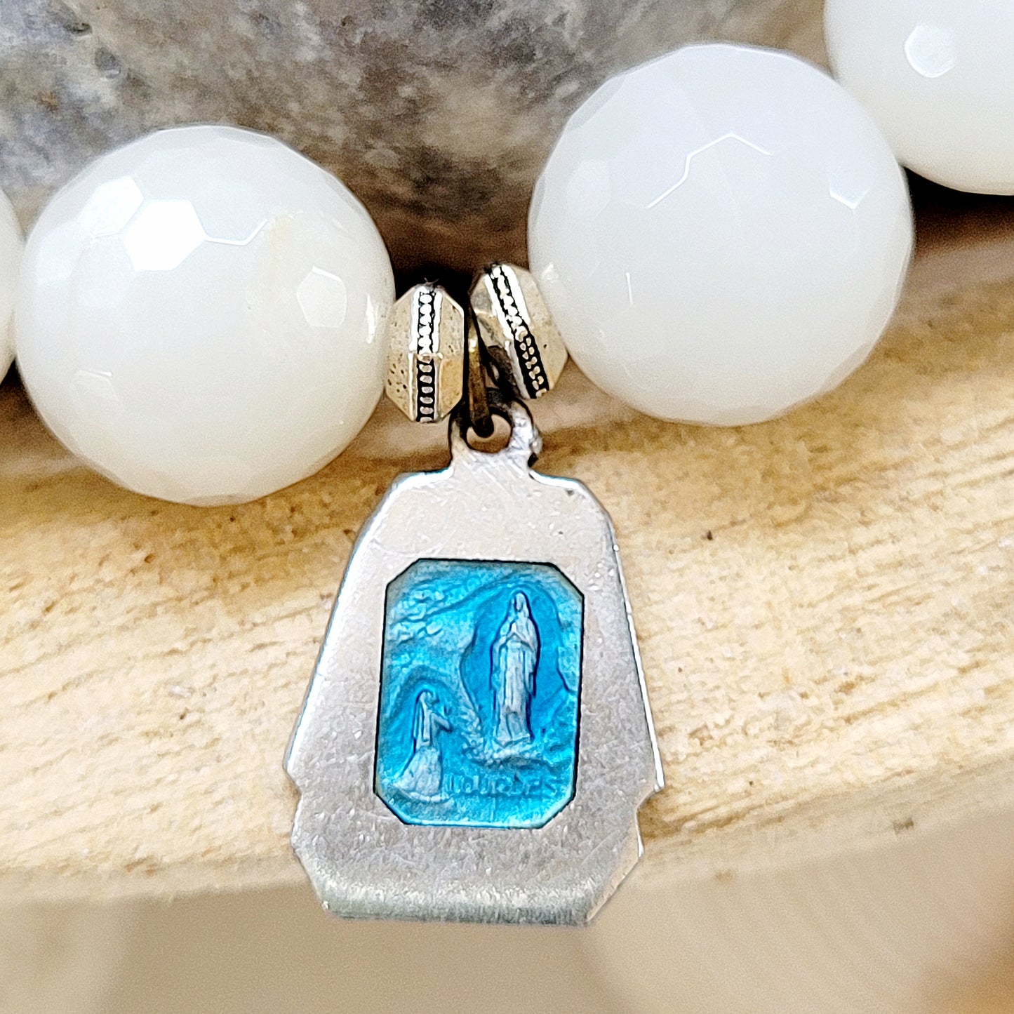 White Moonstone Faceted 12mm Beaded Bracelet w/ Our Lady of Lourdes Enameled Silver Plated Medal - Afterlife Jewelry Designs