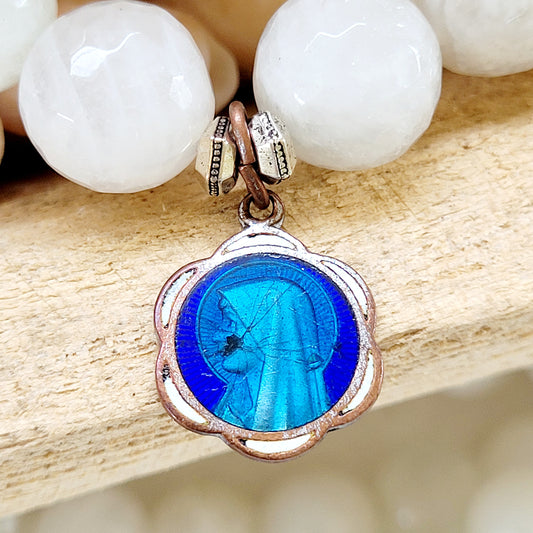 White Moonstone Faceted 12mm Beaded Bracelet w/ Our Lady of Lourdes Scalloped Enameled Silver Plated Medal - Afterlife Jewelry Designs