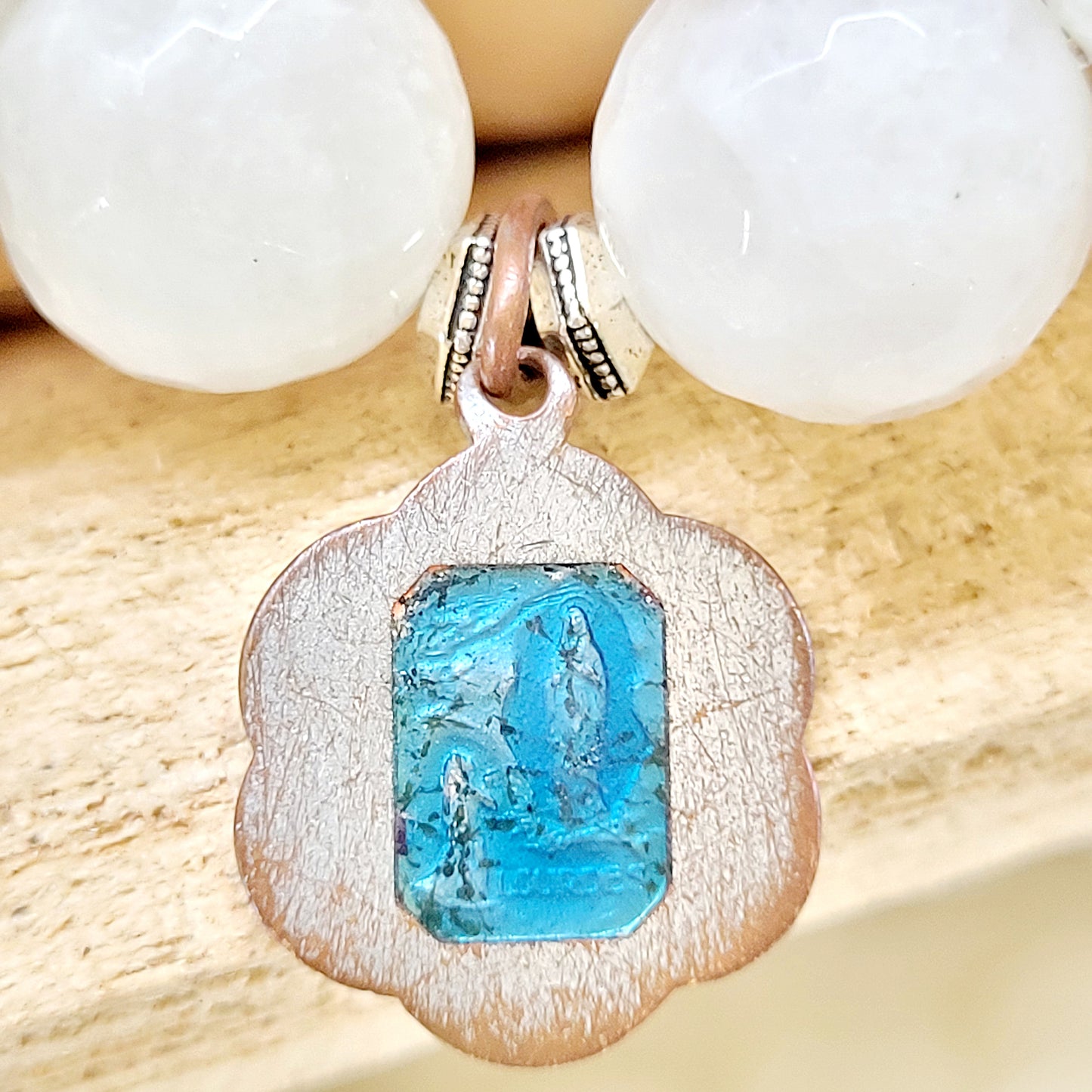 White Moonstone Faceted 12mm Beaded Bracelet w/ Our Lady of Lourdes Scalloped Enameled Silver Plated Medal - Afterlife Jewelry Designs