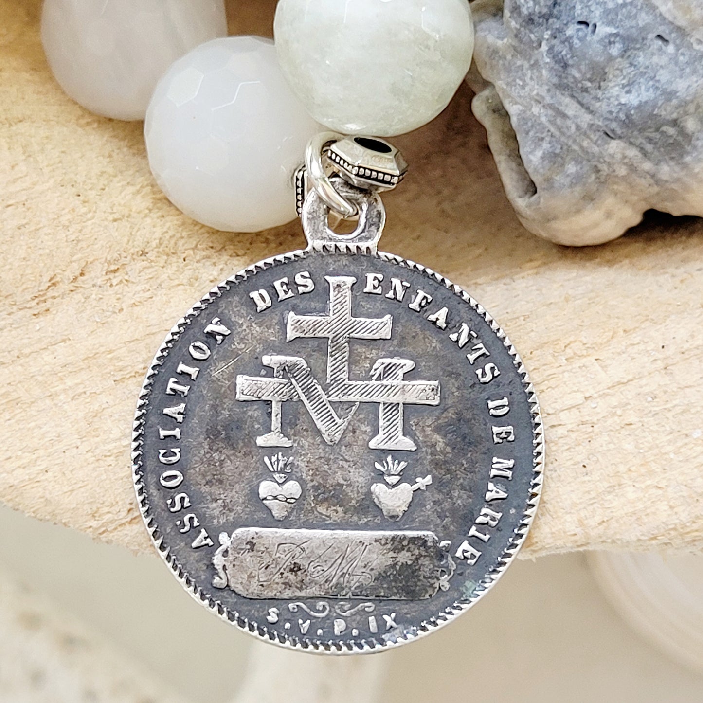 White Moonstone Faceted 12mm Beaded Bracelet w/ Rare Antique French Sacre Coeur Silver Miraculous Medal of Mary - Afterlife Jewelry Designs
