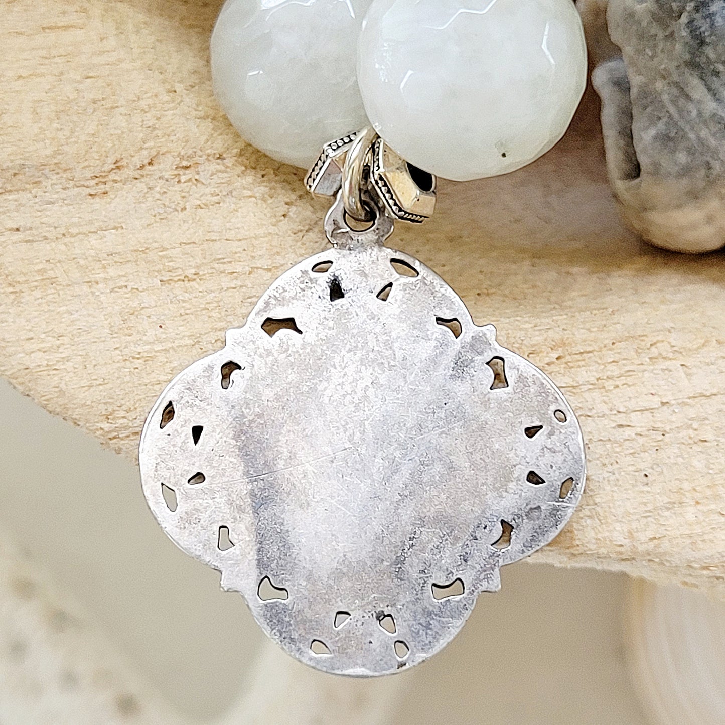 White Moonstone Faceted 12mm Beaded Bracelet w/ Art Nouveau Silver Medal of The Face of Jesus - Afterlife Jewelry Designs