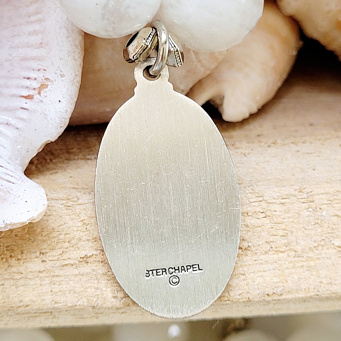 White Moonstone Faceted 12mm Beaded Bracelet w/ Sterling Silver St. Patrick Pray for Us Medal - Afterlife Jewelry Designs