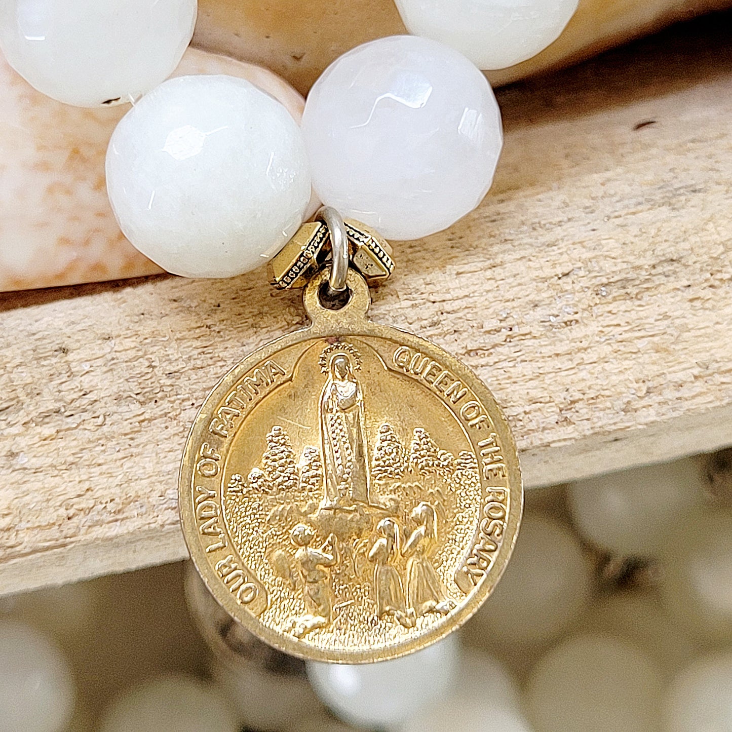 White Moonstone Faceted 12mm Beaded Bracelet w/ Gold Plated St. Jude / Our Lady of Fatima Medal - Afterlife Jewelry Designs