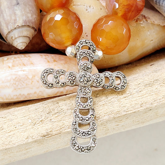 Carnelian Faceted 16mm Beaded Bracelet w/ Sterling SIlver Cross with Marcasite Stones - Afterlife Jewelry Designs