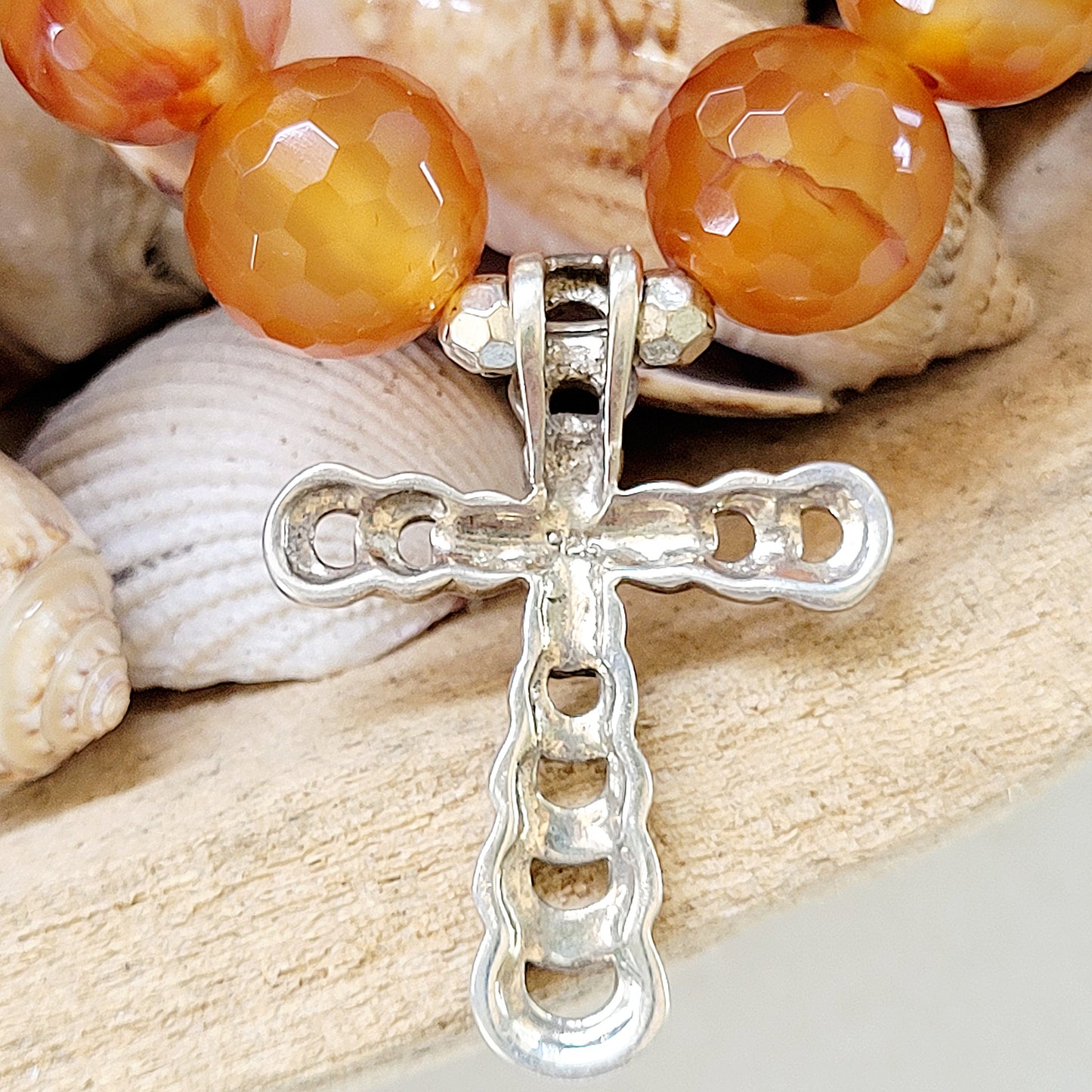 Carnelian Faceted 16mm Beaded Bracelet w/ Sterling SIlver Cross with Marcasite Stones - Afterlife Jewelry Designs