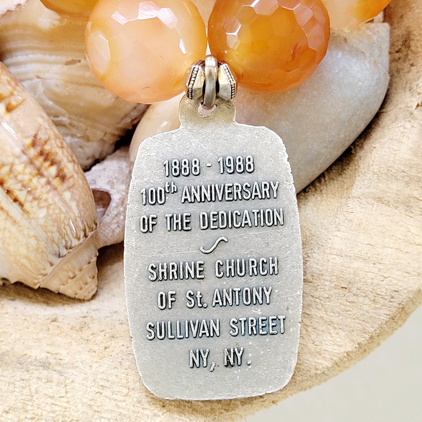 Carnelian Faceted 16mm Beaded Bracelet w/ 1988 Shrine Church of St. Anthony 100 Anniversary Medal - Afterlife Jewelry Designs