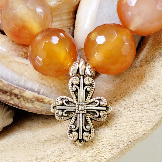 Carnelian Faceted 16mm Beaded Bracelet w/ Sterling Silver Art Nouveau Cross - Afterlife Jewelry Designs