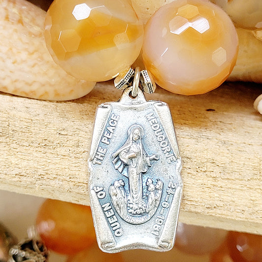 Carnelian Faceted 16mm Beaded Bracelet w/ Our Lady of Medjugorje Dated 1981 St. James Church Silver Medal - Afterlife Jewelry Designs