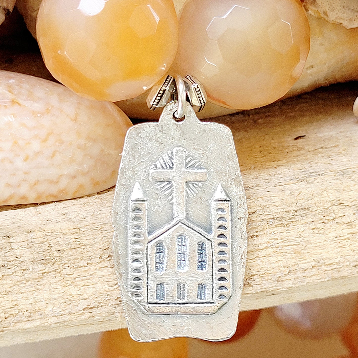 Carnelian Faceted 16mm Beaded Bracelet w/ Our Lady of Medjugorje Dated 1981 St. James Church Silver Medal - Afterlife Jewelry Designs