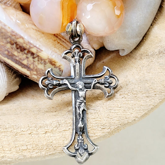 Carnelian Faceted 16mm Beaded Bracelet w/ Antique Silver Art Noveau Cross from France - Afterlife Jewelry Designs