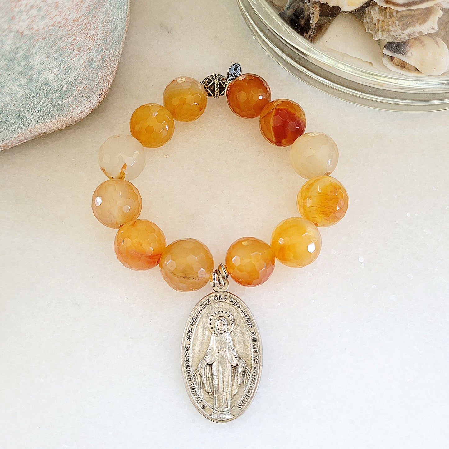 Carnelian Faceted 16mm Beaded Bracelet w/ Miraculous Medal of Mary in Sterling Silver