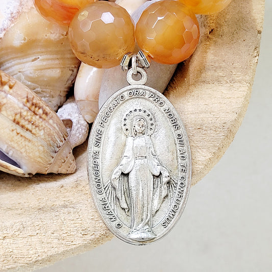 Carnelian Faceted 16mm Beaded Bracelet w/ Miraculous Medal of Mary in Sterling Silver