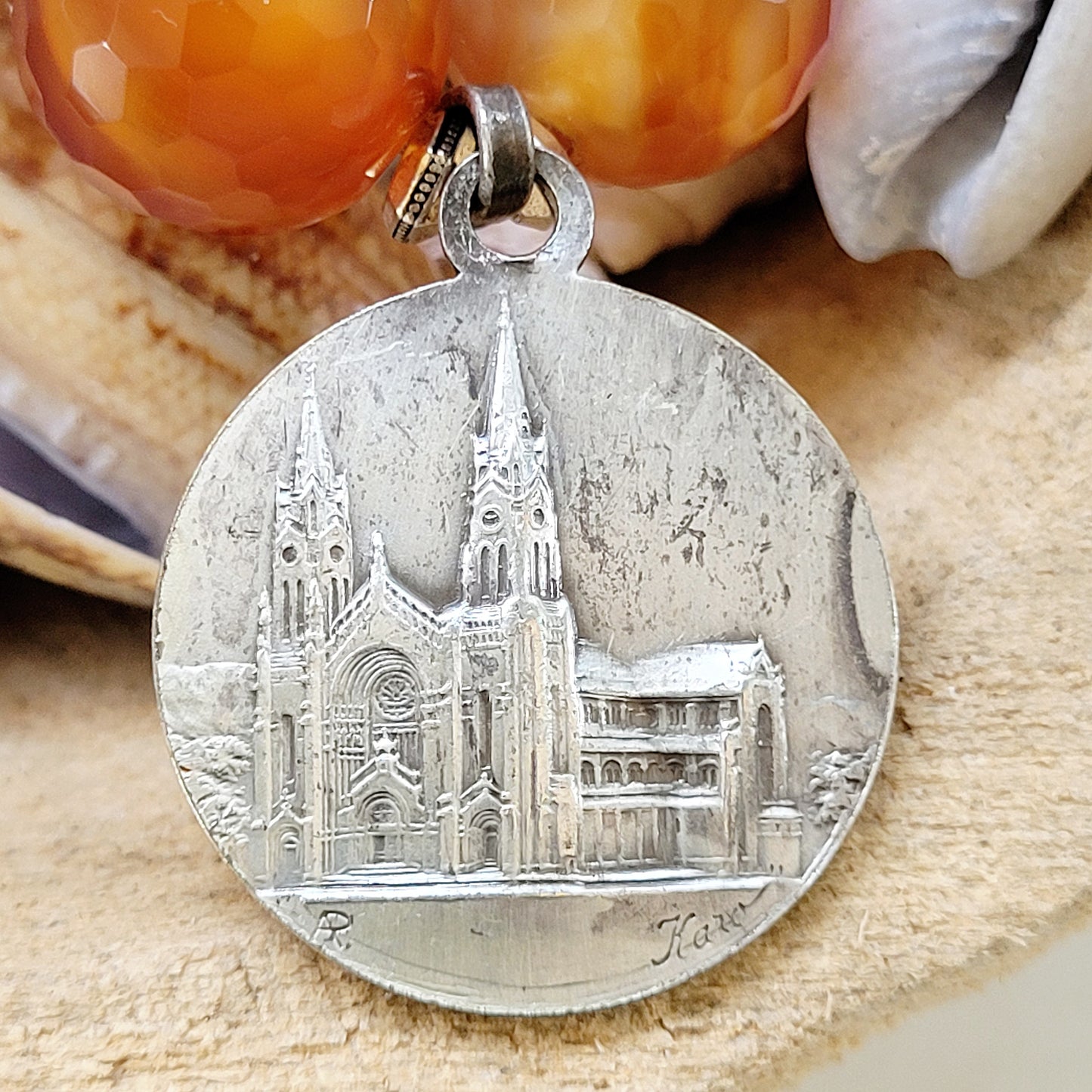 Carnelian Faceted 16mm Beaded Bracelet w/ St. Anne de Beaupre Vintage Signed Medal - Afterlife Jewelry Designs