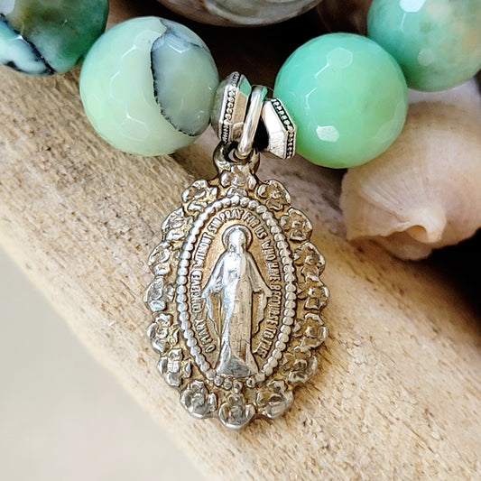 Chrysoprase 10mm Faceted Beaded Bracelet w/ Miraculous Medal of Mary in Sterling Silver - Afterlife Jewelry Designs