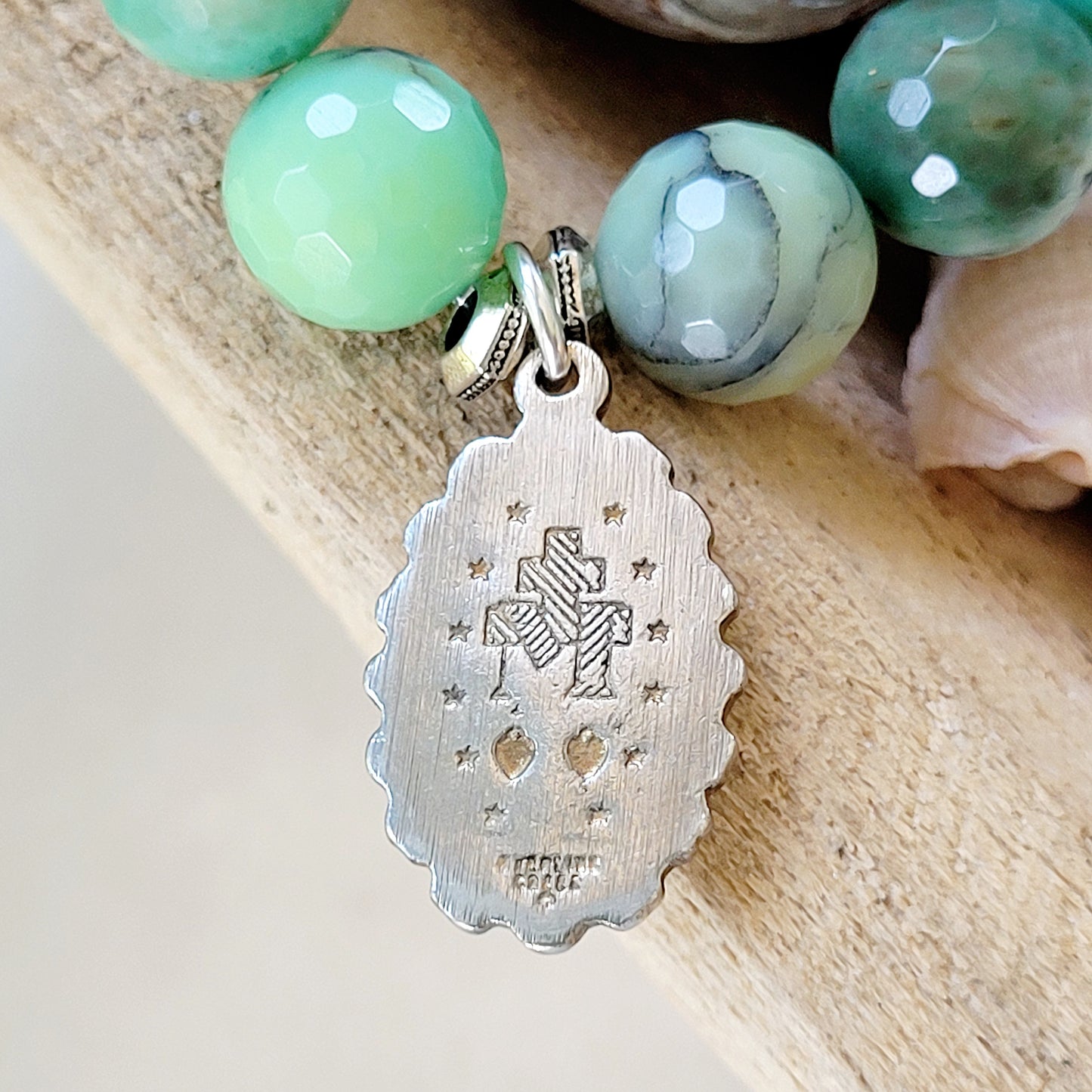 Chrysoprase 10mm Faceted Beaded Bracelet w/ Miraculous Medal of Mary in Sterling Silver - Afterlife Jewelry Designs