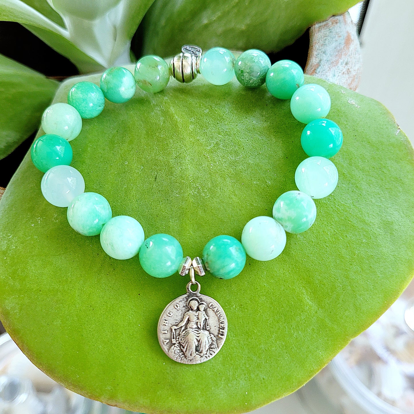 Chrysoprase 10mm Beaded Bracelet w/ Our Lady of Mount Carmel/ Sacred Heart of Jesus Vintage Medal