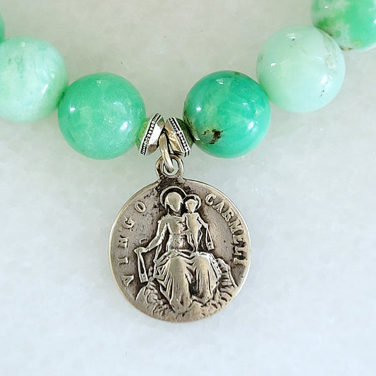 Chrysoprase 10mm Beaded Bracelet w/ Our Lady of Mount Carmel/ Sacred Heart of Jesus Vintage Medal