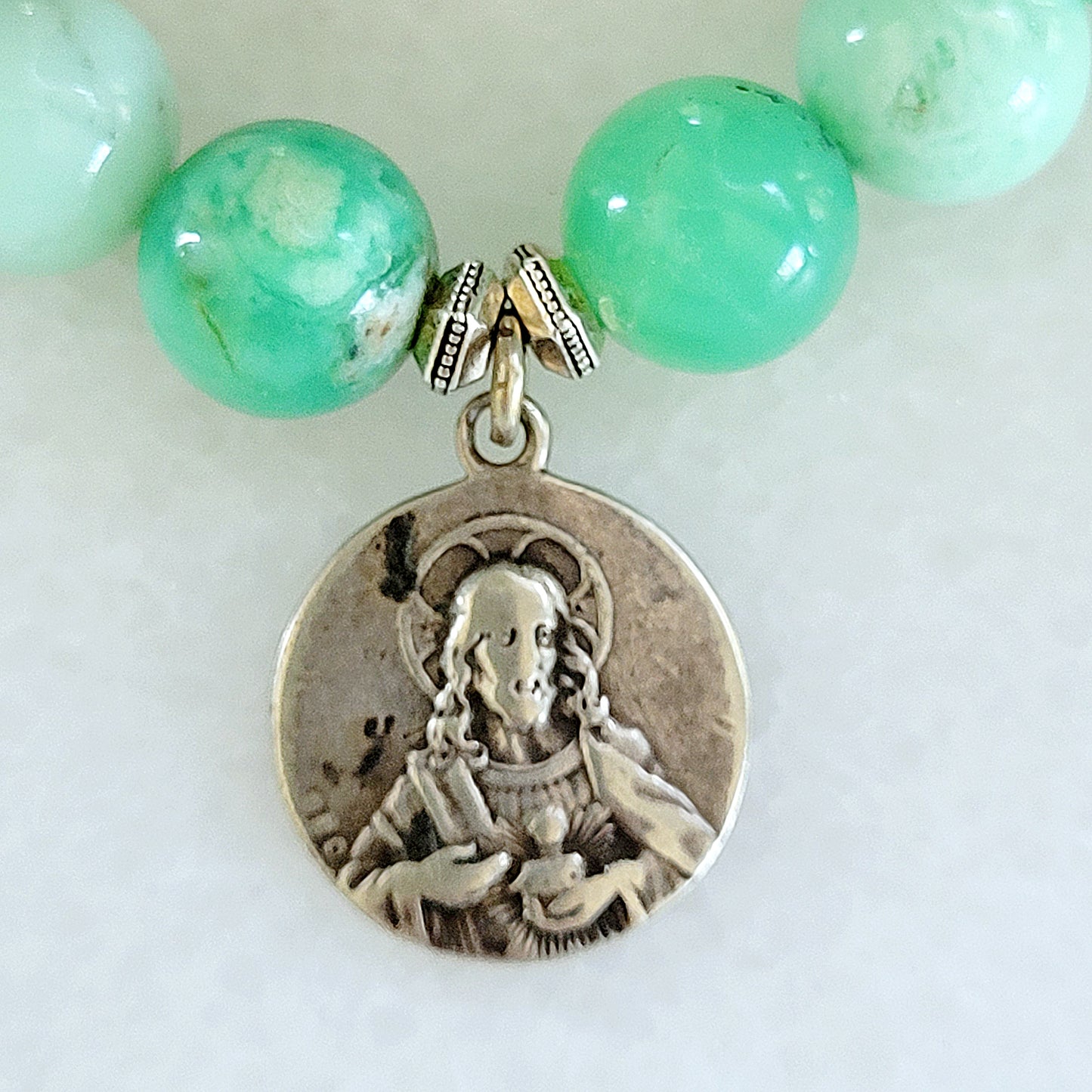 Chrysoprase 10mm Beaded Bracelet w/ Our Lady of Mount Carmel/ Sacred Heart of Jesus Vintage Medal