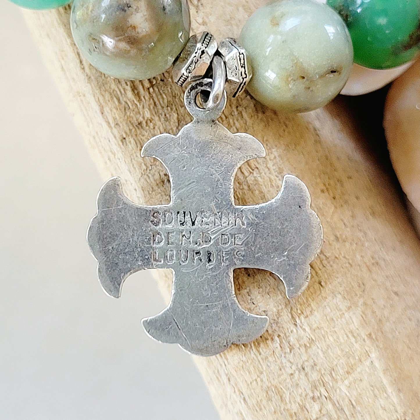 Chrysoprase 10mm Beaded Bracelet w/ Sterling Silver Maltese Cross of Blessed Mother Mary | Notre Dame Lourdes