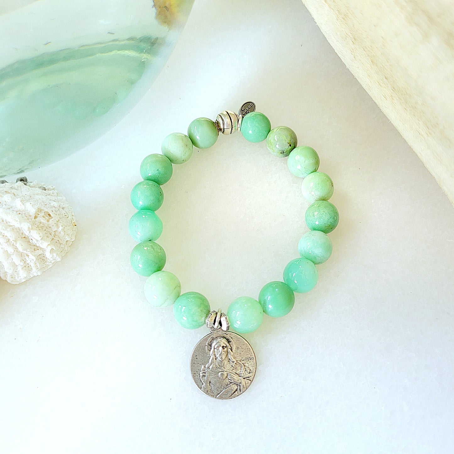 Chrysoprase 10mm Beaded Bracelet w/ Sacred Heart of Jesus / Sacre-Coeur Basilica Silver Medal