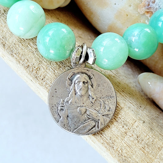 Chrysoprase 10mm Beaded Bracelet w/ Sacred Heart of Jesus / Sacre-Coeur Basilica Silver Medal