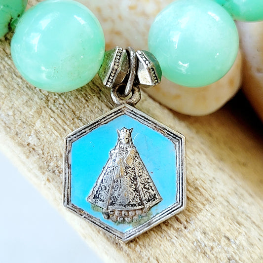 Chrysoprase 10mm Beaded Bracelet w/ Silver Enameled Medal with The Virgin Mary + Sacred Heart of Jesus