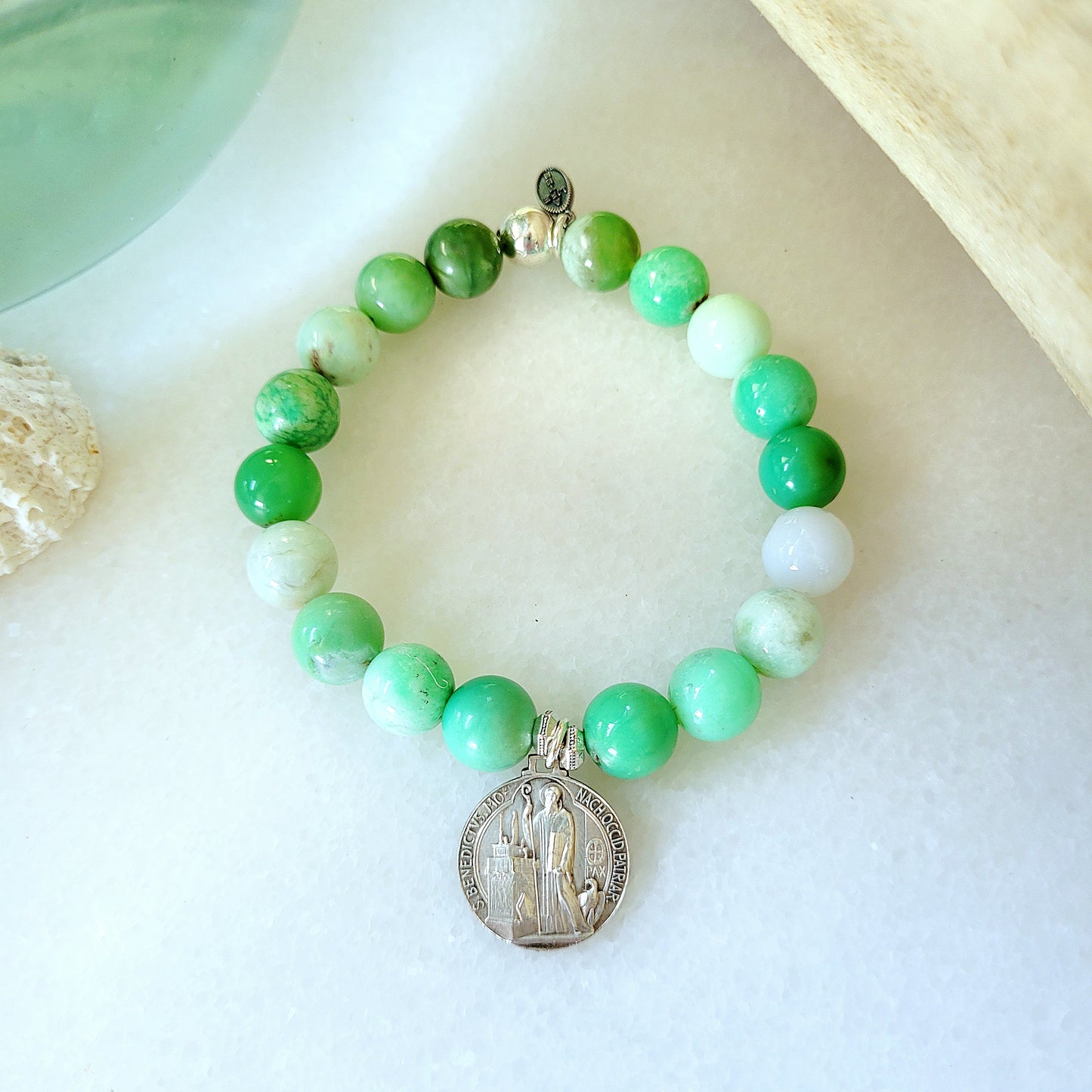Chrysoprase 10mm Beaded Bracelet w/ Vintage Italian St. Benedict Medal