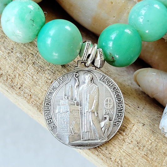 Chrysoprase 10mm Beaded Bracelet w/ Vintage Italian St. Benedict Medal