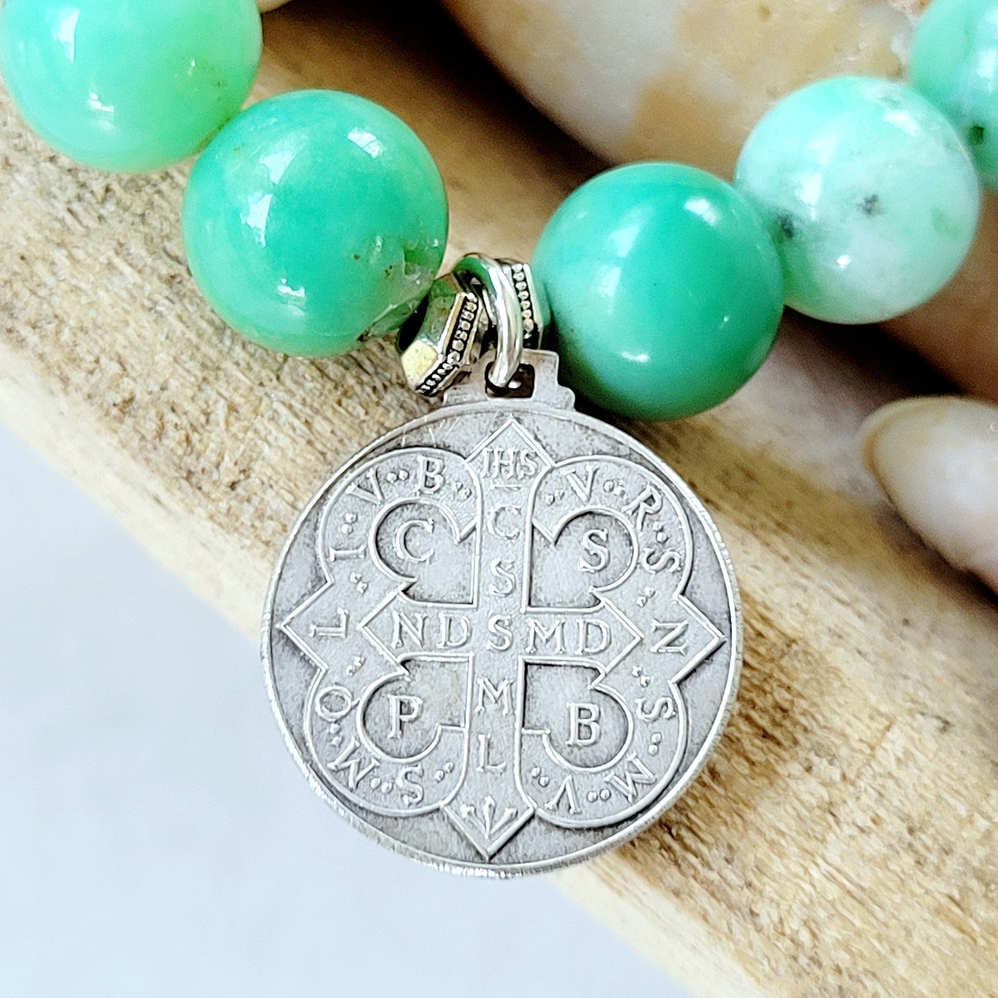 Chrysoprase 10mm Beaded Bracelet w/ Vintage Italian St. Benedict Medal