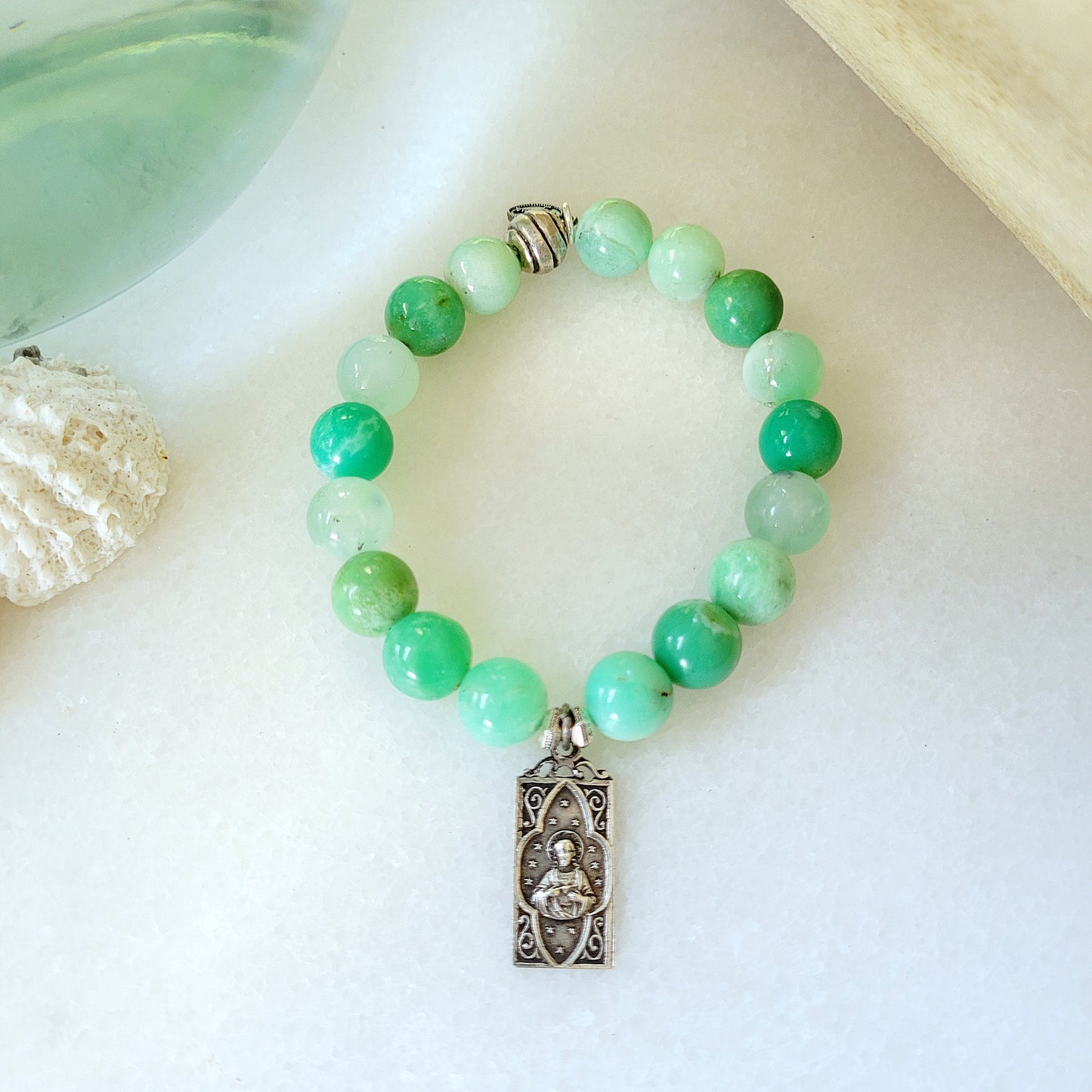 Chrysoprase 10mm Beaded Bracelet w/ Blessed Mother Mary + Sacred Heart of Jesus Vintage Silver Medal