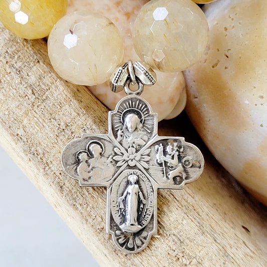 Rutilated Quartz Faceted 12mm Beaded Bracelet w/ Sterling Silver Four-Way Combination Cross Medal - Afterlife Jewelry Designs