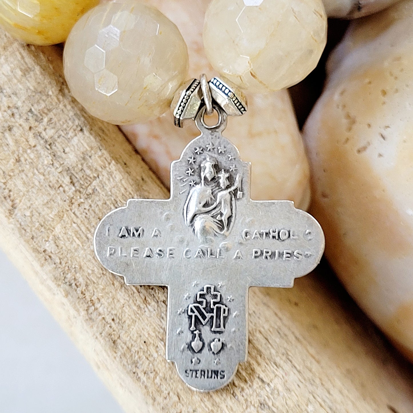 Rutilated Quartz Faceted 12mm Beaded Bracelet w/ Sterling Silver Four-Way Combination Cross Medal - Afterlife Jewelry Designs