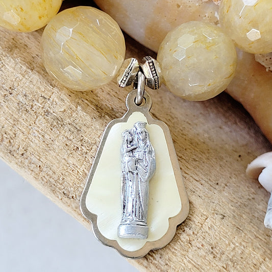 Rutilated Quartz Faceted 12mm Beaded Bracelet w/ Layered Medal of St. Anne de Beaupre from Italy