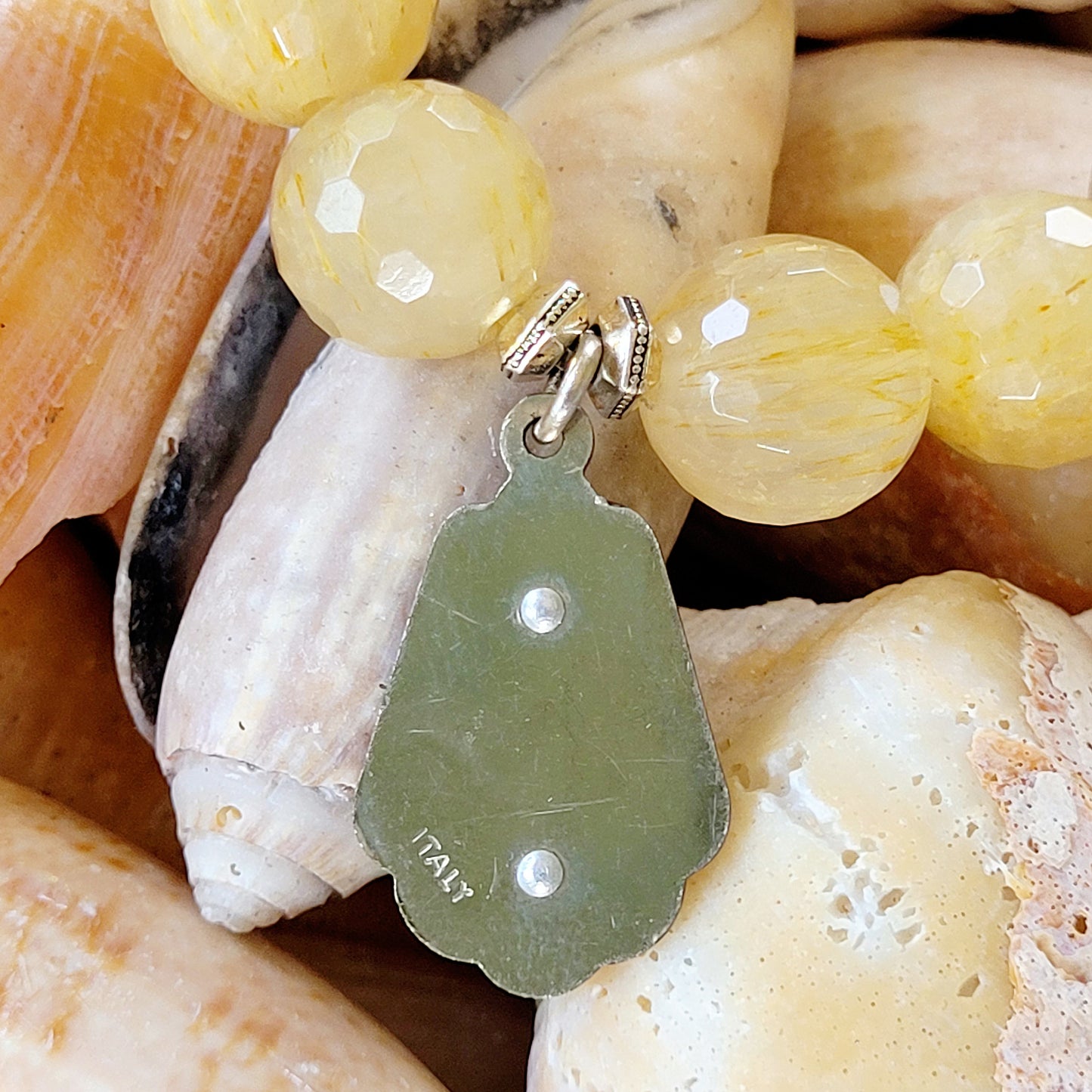 Rutilated Quartz Faceted 12mm Beaded Bracelet w/ Layered Medal of St. Anne de Beaupre from Italy
