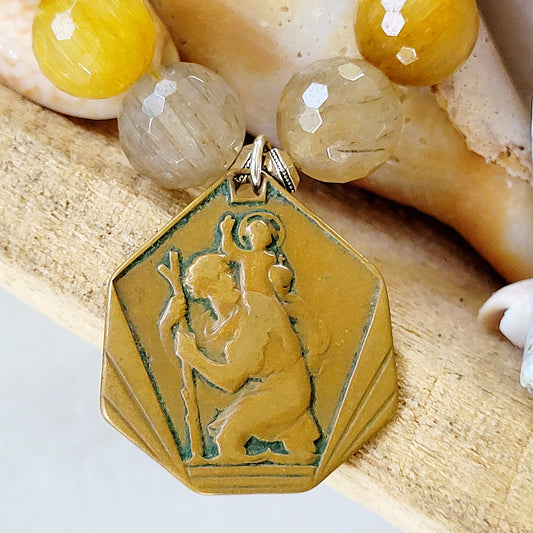 Rutilated Quartz Faceted 12mm Beaded Bracelet w/ Vintage Bronze St. Christopher Medal / Notre Dame du Sacre Coeur