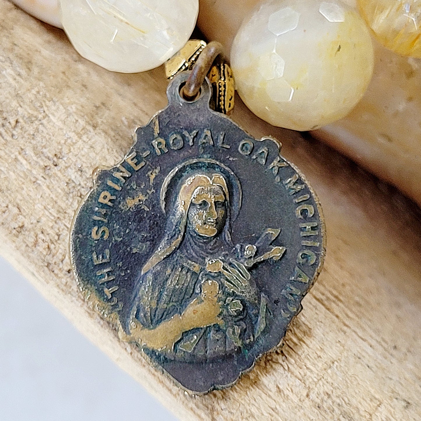 Rutilated Quartz Faceted 12mm Beaded Bracelet w/ Sacred Heart of Jesus / St. Therese of Lisieux Medal