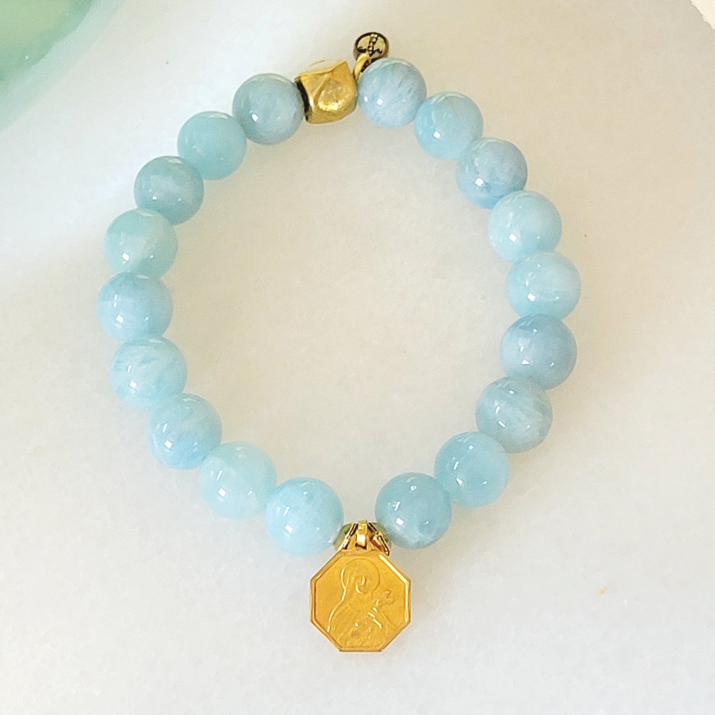 Aquamarine 12mm Beaded Bracelet w/ St. Therese of Lisieux Gold-Plated Medal - Afterlife Jewelry Designs