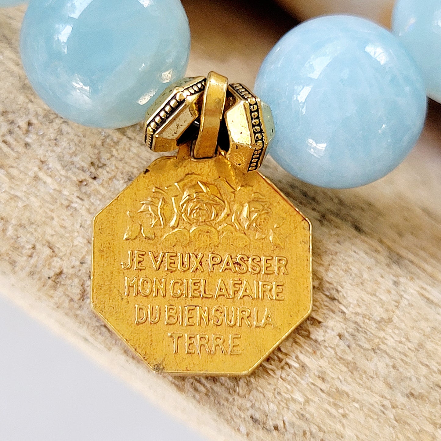 Aquamarine 12mm Beaded Bracelet w/ St. Therese of Lisieux Gold-Plated Medal - Afterlife Jewelry Designs