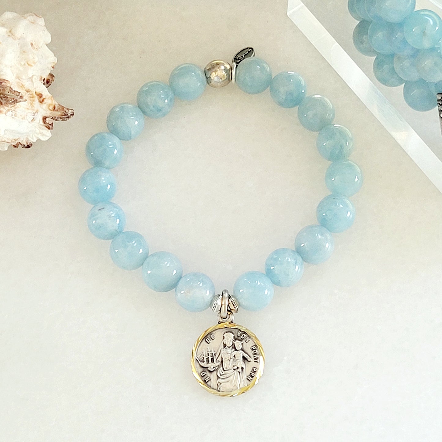 Aquamarine 12mm Beaded Bracelet w/ Virgin Mary / Notre Dame de Bon Port Basilica Two-Tone Medal - Afterlife Jewelry Designs