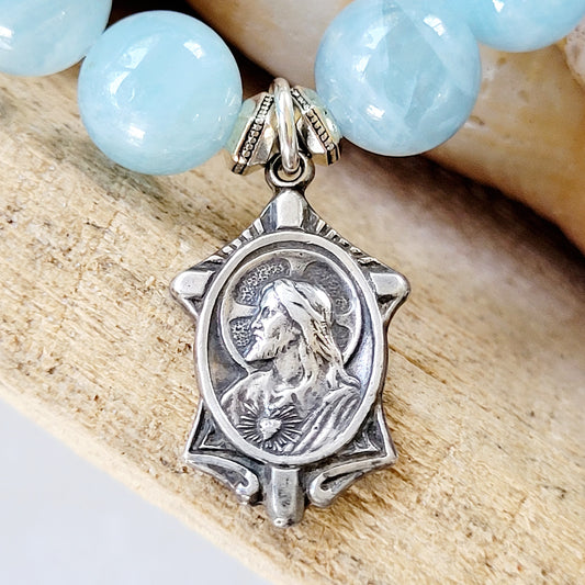 Aquamarine 12mm Beaded Bracelet w/ Sacred Heart of Jesus + Our Lady of Mount Carmel Sterling Silver Medal - Afterlife Jewelry Designs