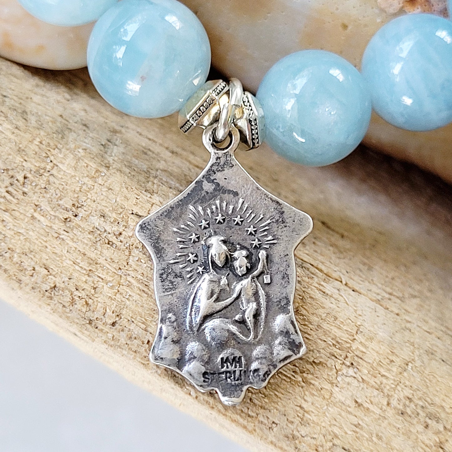 Aquamarine 12mm Beaded Bracelet w/ Sacred Heart of Jesus + Our Lady of Mount Carmel Sterling Silver Medal - Afterlife Jewelry Designs